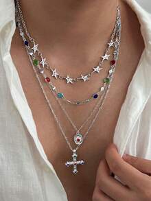 4pcs Vintage Glamorous Multi-Color Rhinestone Star Chain Necklace, Personalized Hip-Hop Cross Pendant Necklace, Daily Party Accessory, Unisex - 4pcs - View 8