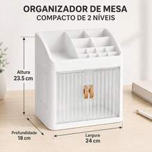 Mini Estante de Mesa para Estudos com Portas e Nichos, Plástico PP Branco, Organizador de Papelaria e Livros, Antipoeira – 24x18x23,5cm - Visão 11