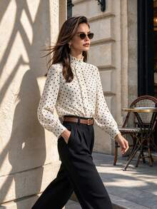 Fall Polka Dot Ruffle Stand Collar Blouse, Vintage French Puff Long Sleeve Shirt, Elegant Commuter Top For Halloween - Multicolor - View 7