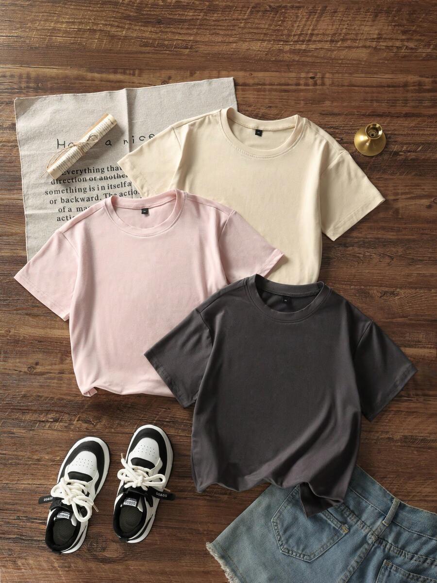 3pcs/Set Tween Girls Students Casual Printed Crew Neck Short Sleeve T-Shirts, Summer Tops, Cute - Multicolor - View 1