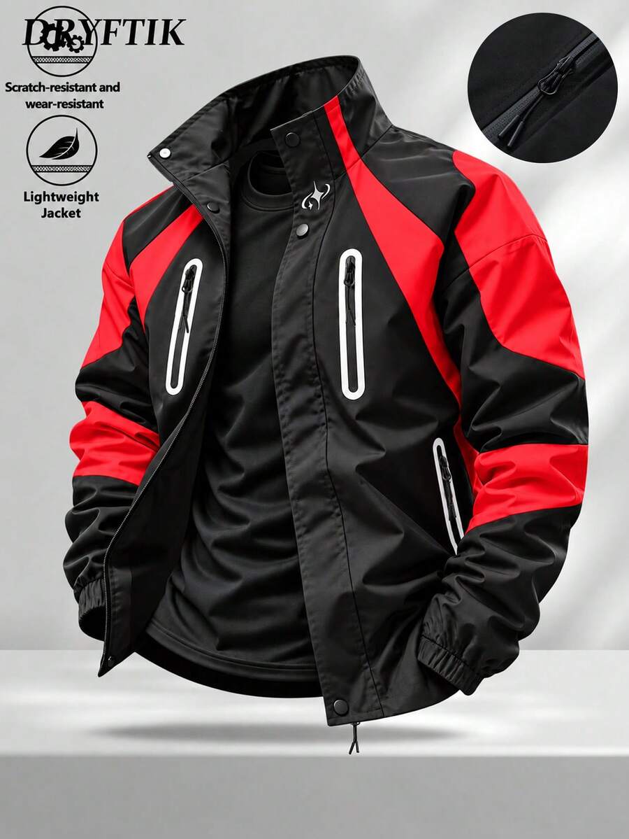 Men's Stand Collar Colorblock Patchwork Jacket, Versatile Cardigan Outerwear, Street Style Minimalist Design Long Sleeve Coat, Daily Outdoor Multi-Scenario Wear Stand Collar Top - black red - View 1
