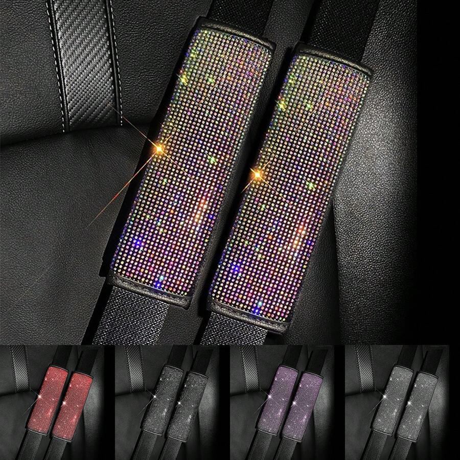 2pcs Car Seat Belt Shoulder Pads, Sparkling Rhinestone Seat Belt Covers, Suitable For All Car Models, Car Accessories - A - View 1