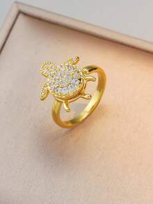 Gold Rotating Turtle Necklace And Adjustable Ring Set, Sparkling Rhinestone Turtle Women's Jewelry - Multicolor - View 2
