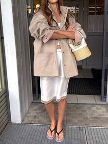 Fashionable Women's Long Sleeve Khaki Stand Collar Button-Up Cardigan Jacket, Mid-Length Woven Coat, Essential For Spring And Autumn - Khaki - View 5
