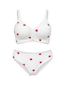 Women's Small Heart Print Wireless Bra And Panty Set, Sweet Cute Romantic, Soft Comfortable, Removable Pads, Adjustable Straps, Lingerie Set - White - View 7