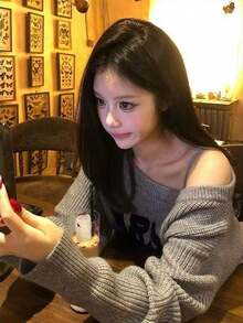 美式復古慵懶性感露肩女款毛衣 秋冬寬鬆針織上衣 - 灰色 - 查看 7