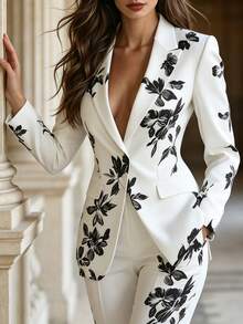 Women's White Floral Print Single-Button Blazer Slimming Elegant Casual Utility Jacket Fashionable Retro Modern Style,Fall Winter - White - View 3