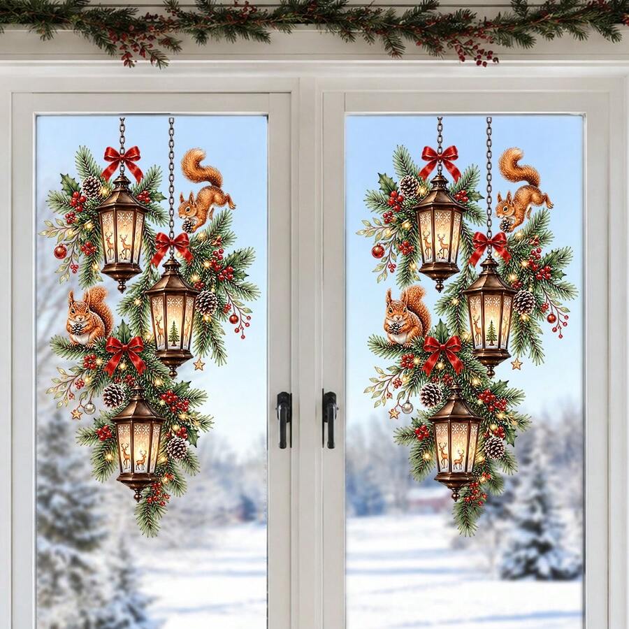 1/4 piezas Adhesivo estático para ventana de linterna navideña, adorno estático de vidrio reutilizable, ligero, para decoración de ventana interior de Navidad, linterna floral navideña con pegatina estática de ventana de ardilla y pájaro, decoración de ventana - Multicolor - Ver 1