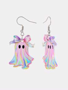 2D Colorful Bow Acrylic Pendant Earrings, 2D Flat Design, Stainless Steel Ear Hooks, Suitable For Daily Wear And Parties - Colorful Bow Ghost - View 4