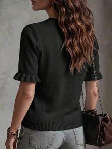 Women's Casual Yellow Round Neck Ruffle Short Sleeve Loose Fit T-Shirt, Spring/Summer, Suitable For Dating And Daily Wear - Black - View 5