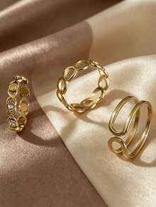 3pcs/Set Vintage Stainless Steel Minimalist Gold Plated Hollow Geometric Line Design Open Rings,Adjustable Stackable Ring Set For Women's Daily Wear - 3-piece Hollow-out Set - View 2