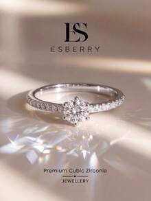 ESBERRY 1pc Vintage Engagement/Wedding Ring, Cubic Zirconia Inlaid, Colorful Wedding Band, Elegant Bridal Jewelry For Women - Silver - View 1