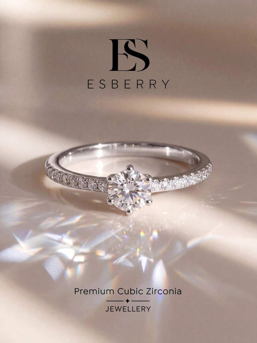 ESBERRY 1pc Vintage Engagement/Wedding Ring, Cubic Zirconia Inlaid, Colorful Wedding Band, Elegant Bridal Jewelry For Women - Silver - View 1