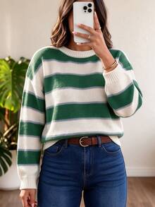 Green & White Colorblock Striped Knit Pullover Sweater, No Decoration, Round Neck, Drop Shoulder, Loose Fit, Casual Daily Commute For Women - Green - View 3