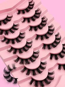 Asiteo 7 Pasang Bulu Mata Palsu D Curl Fluffy, Bulu Mata Palsu Tebal Keriting Bervolume Faux Mink Full Strip Cocok Untuk Sehari-hari, Pesta, Kencan, Panggung - Hitam - View 5