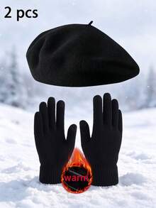 2pcs Winter Warm Set Black Vintage Beret + Solid Color Knitted Full Finger Gloves Outdoor Cold Weather Hat And Gloves 2 Pieces Set - Black - View 6