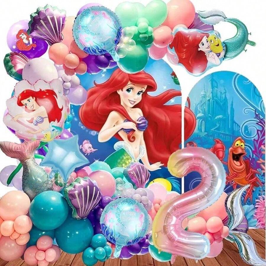 Disney Mermaid Theme Foil Balloon Set, Pink Number Decorative Foil Balloon Set, 1st Birthday Party Tabletop Balloon Decoration Accessories - View 1