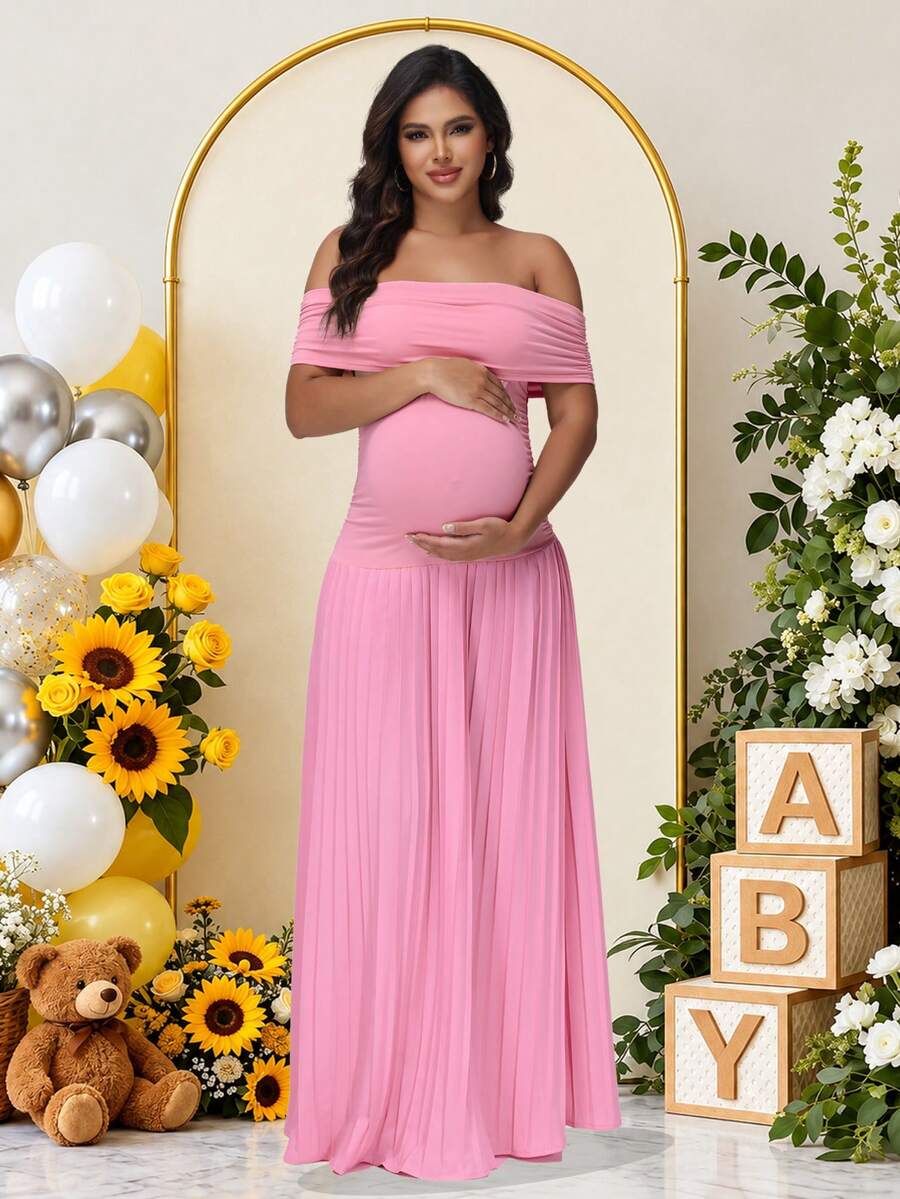 JustVH Off-Shoulder Maternity Party Dress, Ruffle Hem, Women's Baby Shower Long Formal Gown - Pink - View 1