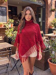 Women's Red Short High Neck Cable Knit Shawl, Tassel Decor, Asymmetrical Hem Short Sleeve Pullover Sweater, Street Fashion Essential - Red - View 3