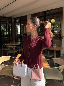 FOR BEAUTY Fall Winter Women Sweaters Elegant Casual Y2K Burgundy Crew Neck Metal Button Pointelle Ribbed Knit Cardigan Outfits Jacket Top - Burgundy - View 4