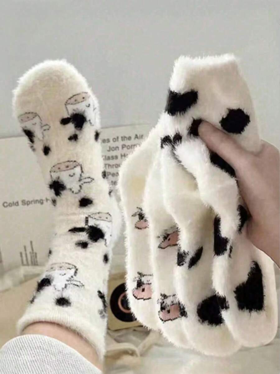 4 Pairs Cow Pattern Plush Crew Socks, Thick Coral Fleece Socks, Men's Socks, Soft And Comfortable, Suitable For Daily Wear, Christmas, Winter Home Warmth (8/6/4/3/2/1 Pairs) - Multicolor - View 1