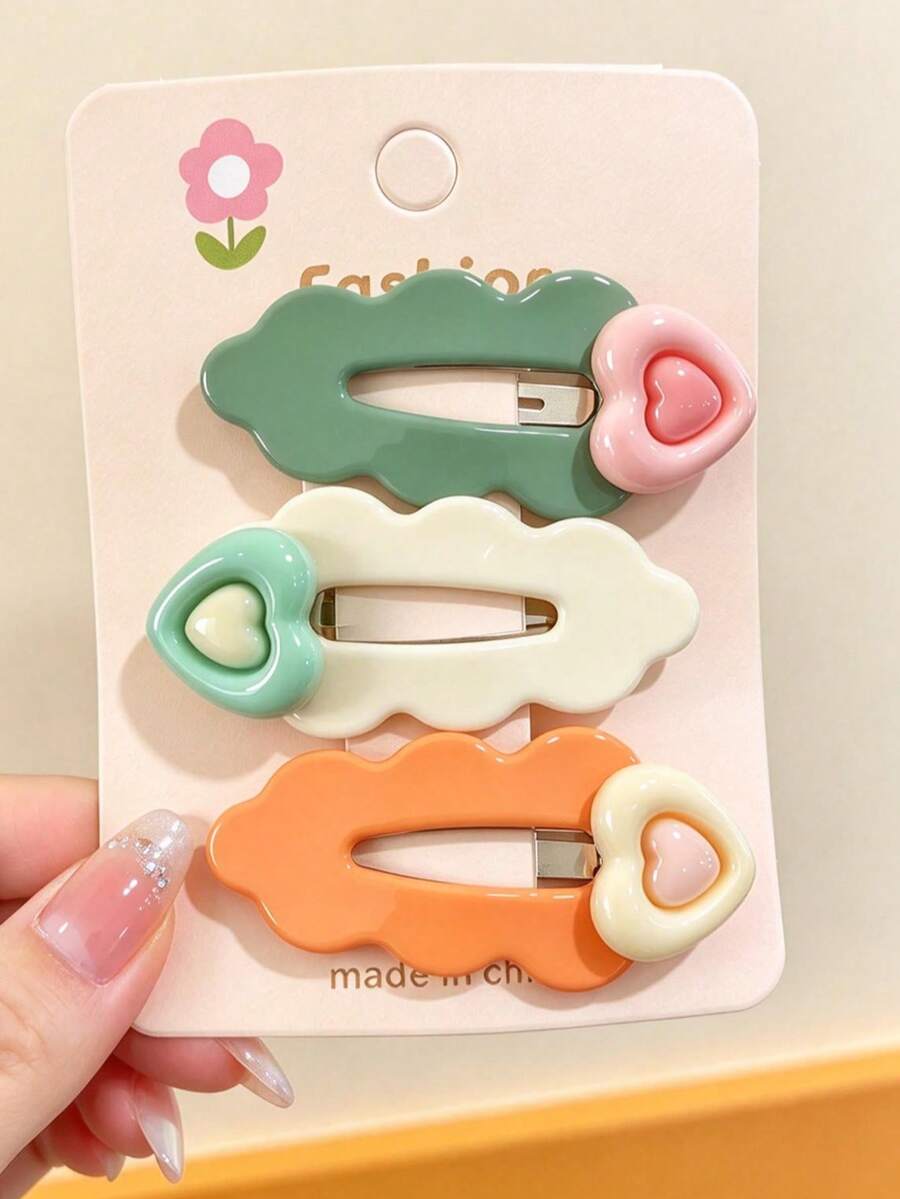 3pcs Women's Sweet Candy Color Cloud & Heart Hair Clips, Matte Contrast Color Hollow Side Clips, Student Girl Daily Bangs & Loose Hair Accessories - Multicolor - View 1