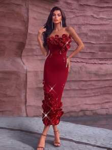 Elegant Women's Long Knit Pencil Dress With 3D Rose And Rhinestone Decor, Sleeveless Strapless Party Dress, Slightly Stretchy - Burgundy - View 1