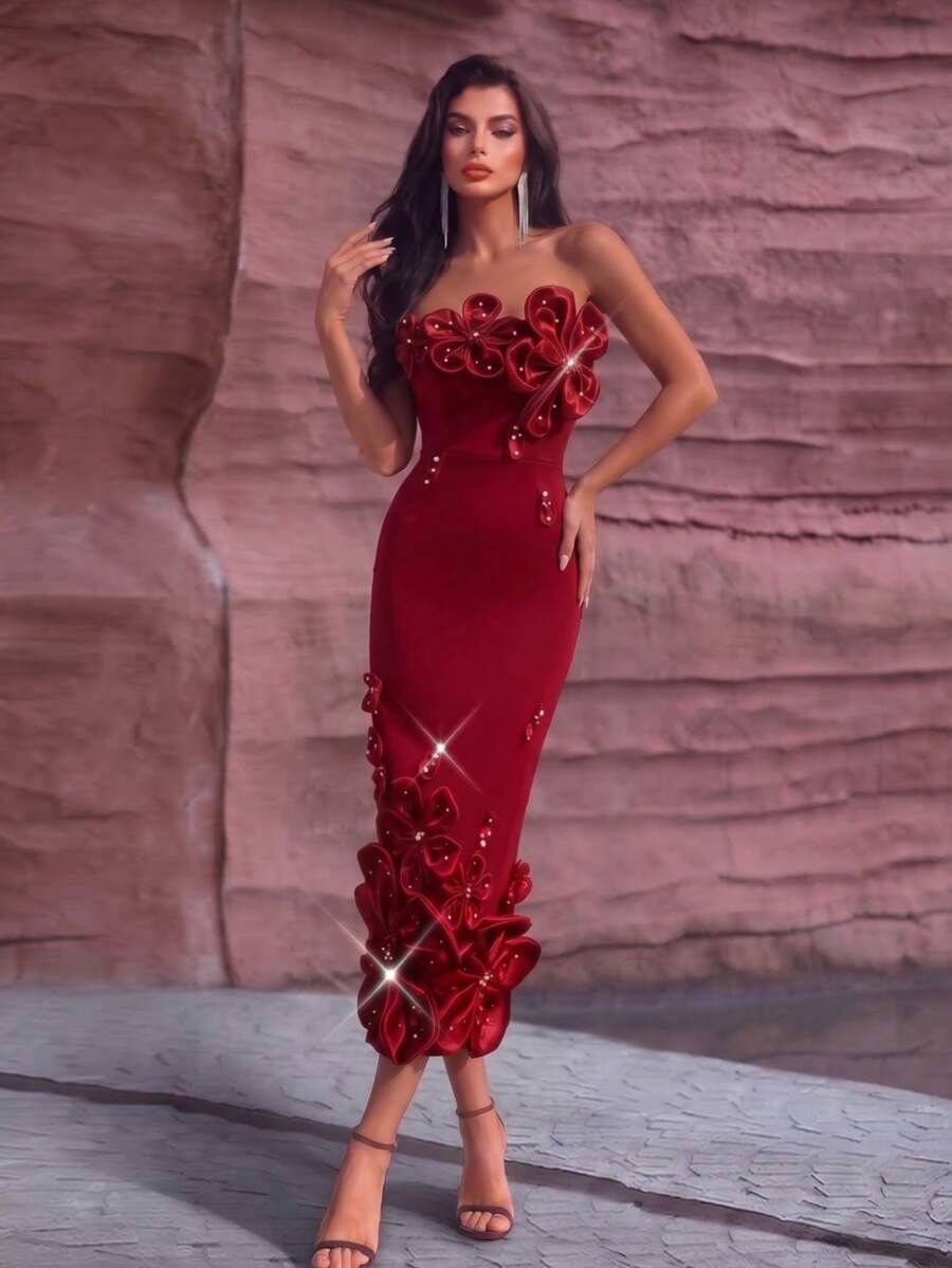 Elegant Women's Long Knit Pencil Dress With 3D Rose And Rhinestone Decor, Sleeveless Strapless Party Dress, Slightly Stretchy - Burgundy - View 1