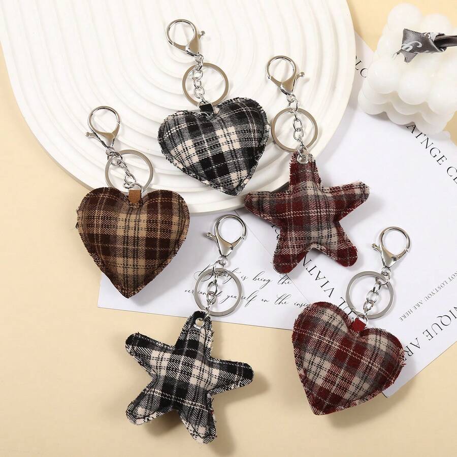 Korean Retro Plaid Fabric Heart Five Pointed Star Keychain Fashionable Versatile Bag Pendant Keychain Pendant - Multicolor - View 1