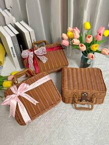 1pc Woven Handbag Cosmetic Storage Box, Wedding Gift Box, Bridesmaid Gift Box, Rattan Storage Basket, Travel Camping Photo Prop, Autumn Home Decor, Christmas Home Decor - Brown - View 8