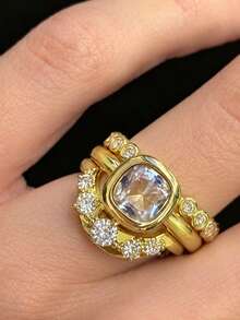 rundraw 3pcs Women's Ring Set, Gold Metal, Round Main Stone Surrounded By CZ, Exquisite Sparkling Versatile Rings, Autumn Style Party Gathering Outfit - Gold - View 4