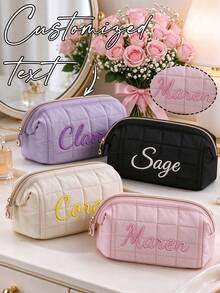 1pc Customized Embroidered Name Quilted Cosmetic Bag, Soft Puffer Makeup Storage Pouch, Bridesmaid Gift, Bridal Shower Wedding Favor, Travel Toiletry Bag For Women - Multicolor - View 1