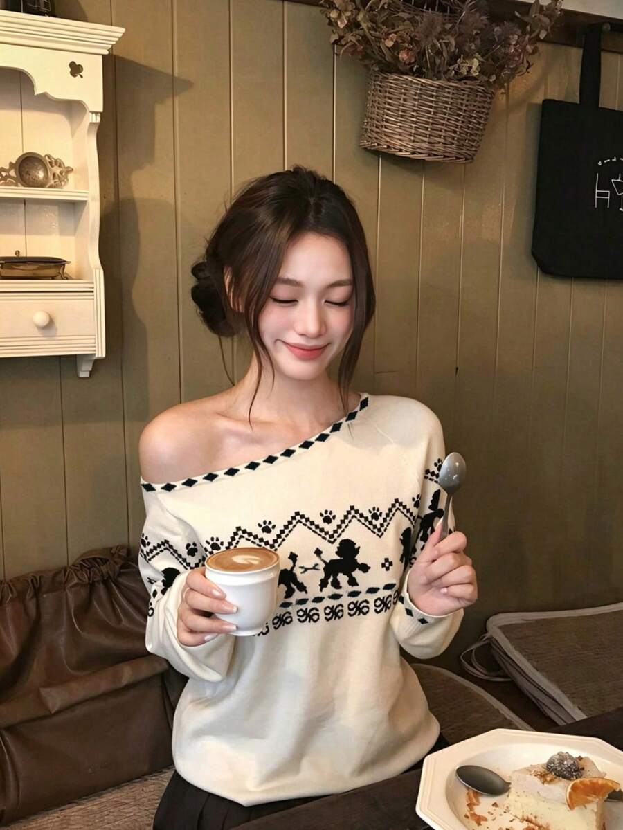 Sweet Preppy Fair Isle Jacquard Colorblock Cold Shoulder Sweater, Women's Loose Fit Long Sleeve Top, Suitable For Autumn/Winter Christmas - White - View 1