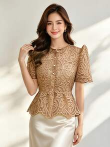 Modern Filipiniana Peplum Solid Color Lace Button Women's Blouse For Festival, Wedding, Vacation, Daily, Birthday, Party, Date, Spring/Summer Fall - Coffee Brown - View 2