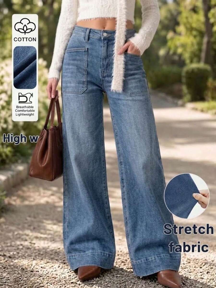 New Fashion Women's Loose Straight Leg Stretch Denim Jeans, Casual Spring/Autumn Style - Medium Wash - View 1