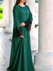 Elegant Green Plus Size Arabian Dress, Black Contrast Lace Long Sleeve, Flared Hem, Round Neck Woven Fabric Evening Gown Fall - Green - View 4