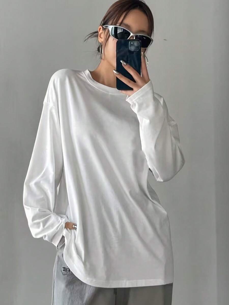 Women's White Round Neck Long Sleeve T-Shirt, Soft Polyester Regular Fit Top, Comfortable Everyday Wear - White - View 1