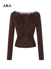 ARA CHIC Women's Off-Shoulder Long Sleeve Top With Lace Trim Collar, Ruched Waist, Back Center Knot,Lace Patchwork,Slim Fit,All-Season Elastic T-Shirt - Coffee Brown - View 10