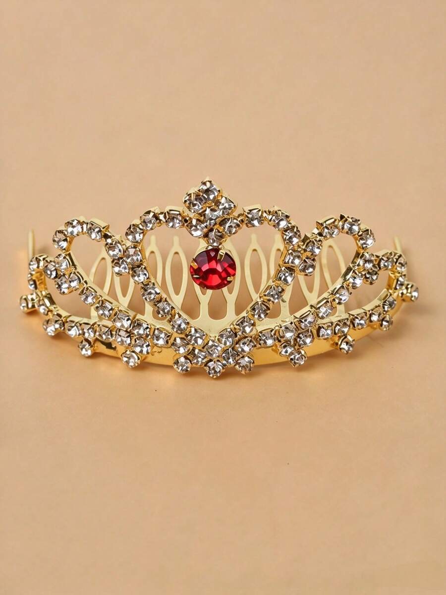 1pc Gold Rhinestone Red Heart Hair Comb Crown Hair Accessory, Suitable For Bride Wedding, Party Birthday Women's Hair Accessory - Gold - View 1