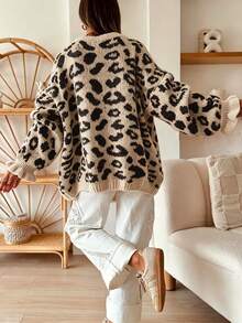 Women's Contrast Leopard Print Jacquard Ruffle Cuff Fall Winter Casual Chic Lazy Versatile Knit Long Sleeve Coat - Apricot - View 3