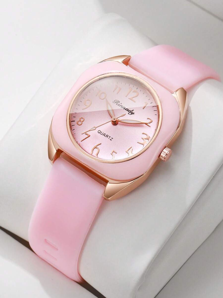 Women's Fashion Gentle Style Watch, Silicone Strap Square Digital Scale Dial Quartz Wristwatch, Gift For Girlfriend (1pc/Set) Watch Box Not Included - Pink - View 1