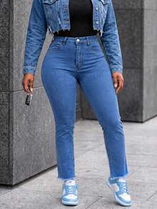 Women's Frayed Hem Stretch Slim Fit Tapered Cigarette Jeans, Autumn - Medium Wash - View 3