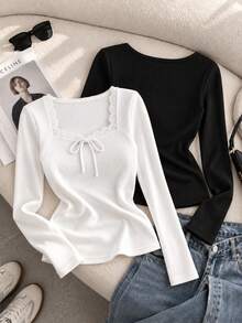 2pcs Women's Lace Trim Square Neck Long Sleeve Ribbed Knit Tops, Front Tie Slim Fit Black & White Casual Basic Shirts, Suitable For Autumn, Winter, Spring And Daily Wear - Black - View 3