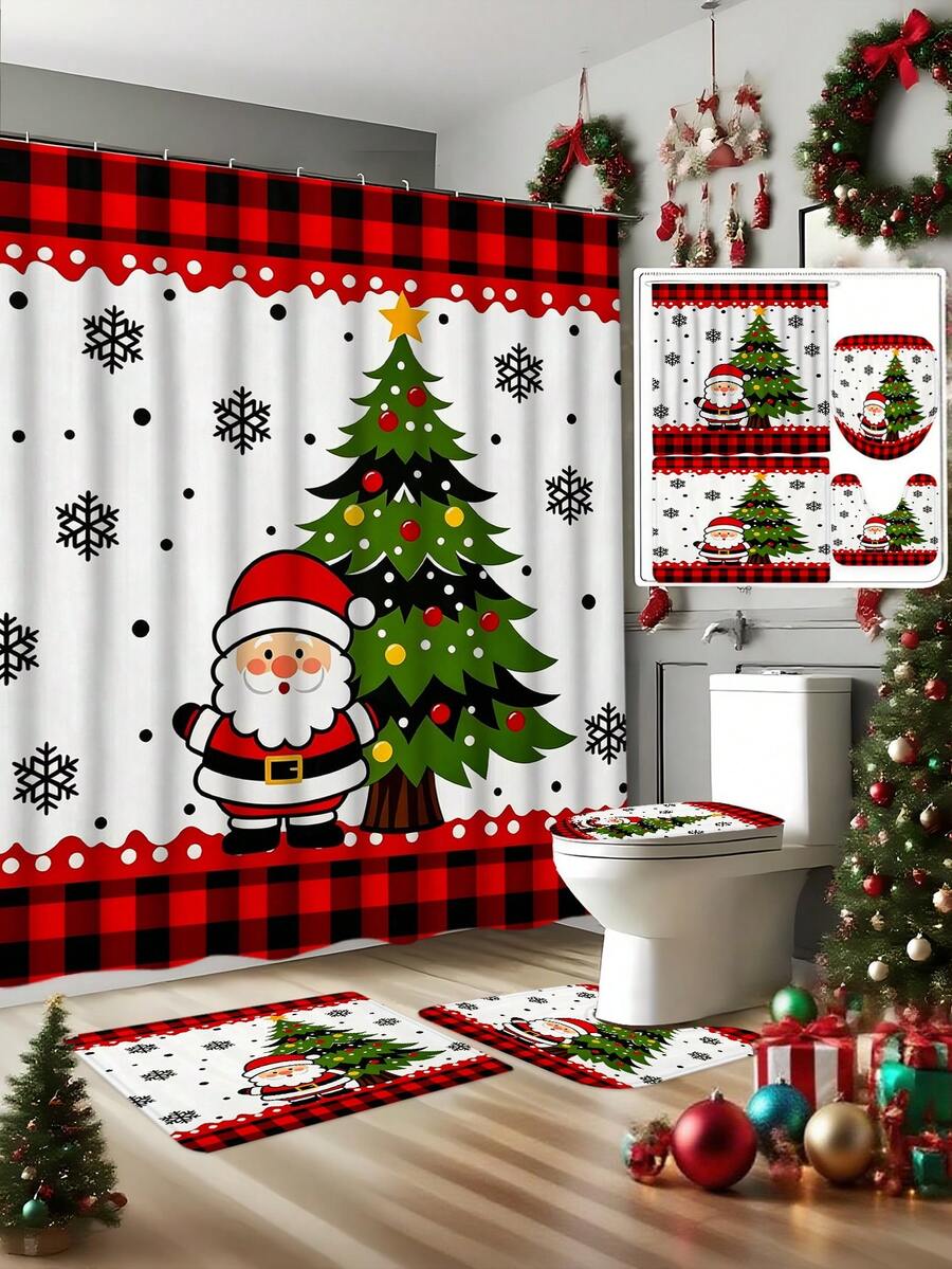 1/4pcs Winter Santa Claus Christmas Tree Pattern Shower Curtain Set, With 12 Hooks Waterproof Polyester Bath Curtain, Bathroom Curtain, Privacy, Thickened, Durable Quick Dry, 180*180cm Size, Christmas Bathroom Decor