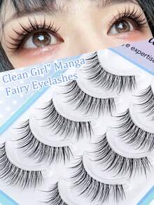 5 Pairs Pointed Fluffy Cartoon Eyelashes, Invisible Soft Lightweight Realistic 3D Defined Natural Fresh Sweet Korean Style Big Eye Eyelashes, Soft Lightweight Faux Mink Hair - Black - View 1