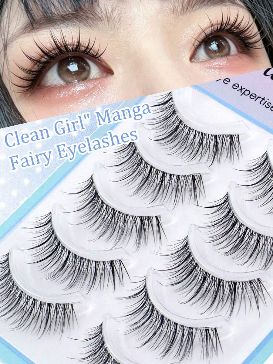 5 Pairs Pointed Fluffy Cartoon Eyelashes, Invisible Soft Lightweight Realistic 3D Defined Natural Fresh Sweet Korean Style Big Eye Eyelashes, Soft Lightweight Faux Mink Hair - Black - View 1