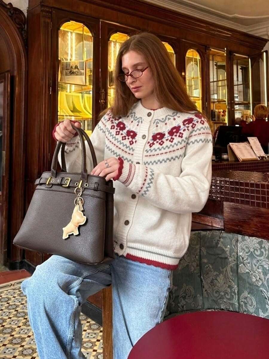 Fair Isle Floral Sweater Cardigan, Crew Neck Button Front, Long Sleeves, White With Red And Grey, Short Fit, Cozy Vintage Fall Sweater - Multicolor - View 1