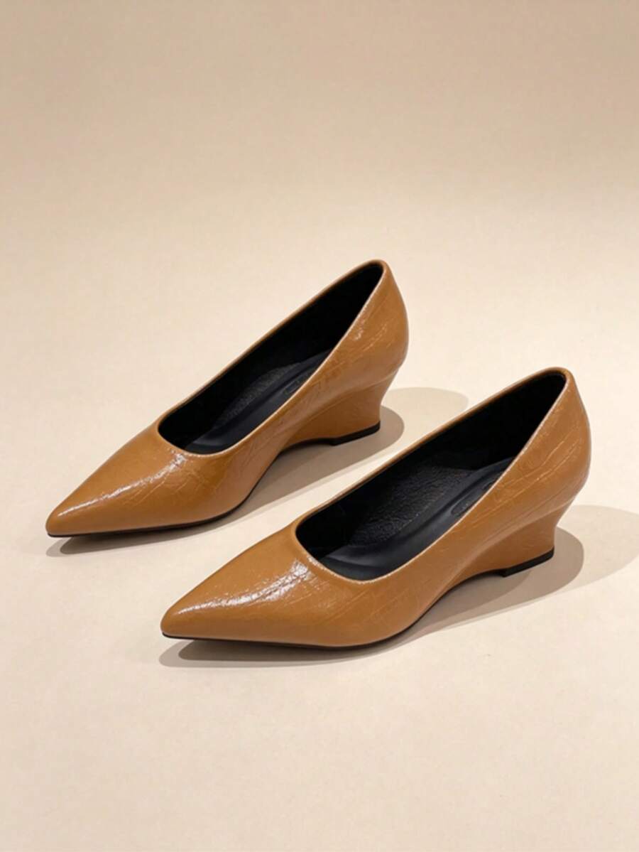 2026 New Women's Pointed Toe Low-Cut Wedge Pumps, Comfortable Versatile Elegant Shoes Suitable For Office And Party - Yellow - View 1