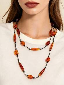 1pc Fashionable Autumn Vibe Personalized Design Transparent Texture Resin Geometric Handmade Woven Long Necklace For Women - Fashionable Long Necklace - View 1