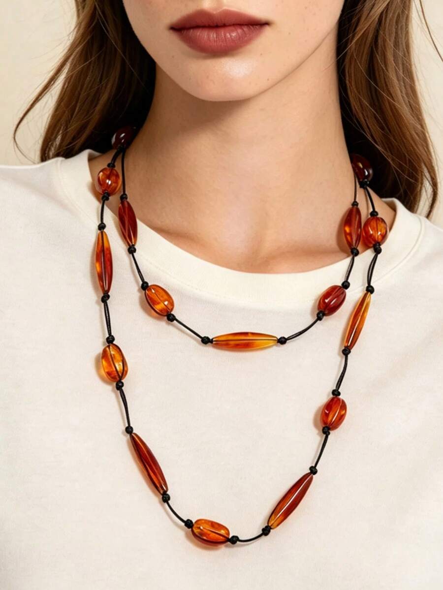 1pc Fashionable Autumn Vibe Personalized Design Transparent Texture Resin Geometric Handmade Woven Long Necklace For Women - Fashionable Long Necklace - View 1